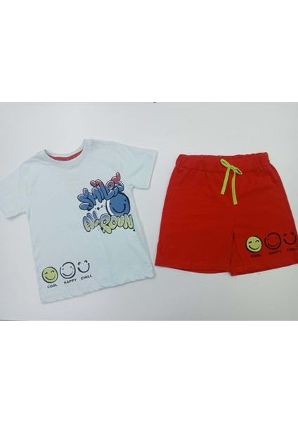 402692 Gülen Yüz Baskılı Şortlu Erkek Takım 3y,4y,5y,6y - Açık Mavi - 2-3 Yaş