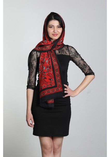 Kırmızı Lacivert Medine Ipek Eşarp Şal