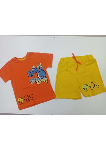 402692 Gülen Yüz Baskılı Şortlu Erkek Takım 3y,4y,5y,6y - Turuncu - 3-4 Yaş