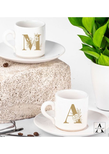 Kişiye Özel Harfli Çiçek Tasarım 2'li Fincan Seti
