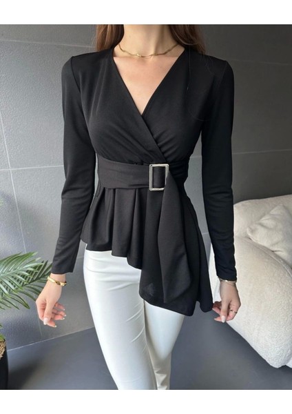 Kadın Siyah Asimetrik Kesim Kemer Detaylı Bluz