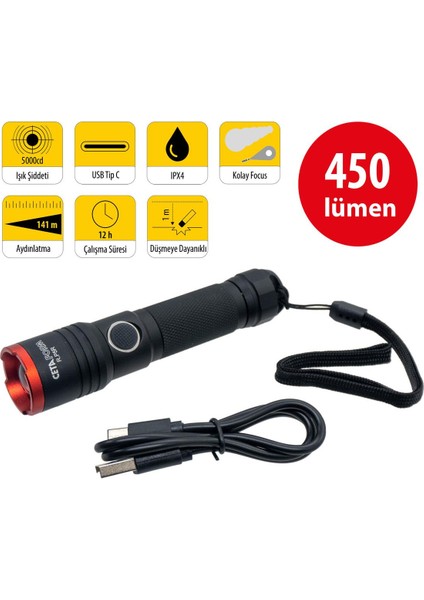R.P5R USB Şarjlı El Feneri (Focus Özellikli) 450 Lümen