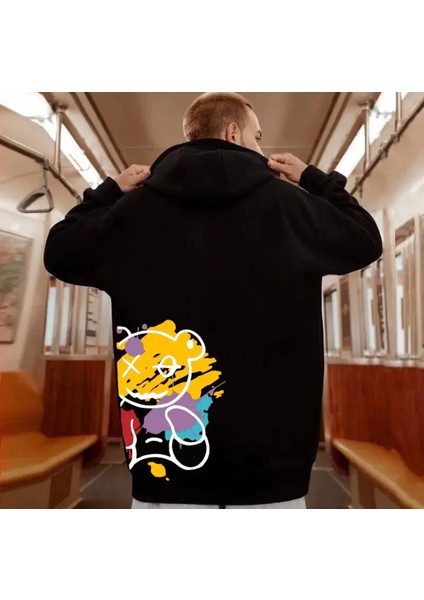 Büyük Beden Özel Tasarım Kapüşonlu Sokak Sanatı Sırt Baskılı Modern Battal Erkek Sweatshırt