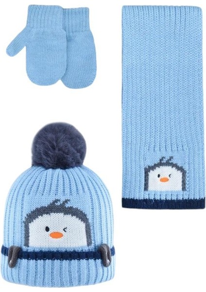 Erkek Bebek Penguenli 3'lü Set Bere Atkı Eldiven