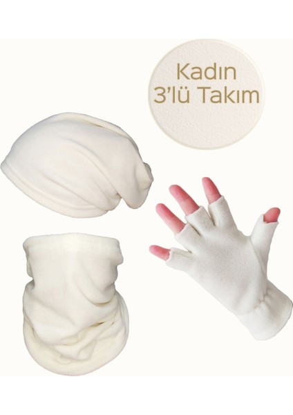 Kadın Ekru Termal Kışlık Polar Kesik Parmak Eldiven - Ipli Bere Boyunluk Şapka Olabilen - 3'lü Set