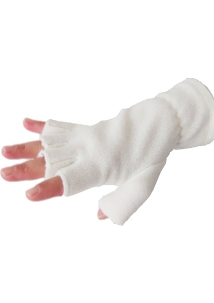 Kadın Ekru Termal Kışlık Polar Kesik Parmak Eldiven - Ipli Bere Boyunluk Şapka Olabilen - 3'lü Set