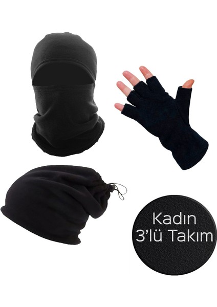 Kadın Siyah Kışlık Termal Polar Kesik Eldiven Kar Maskesi Motorcu Kask Ipli Bere Boyunluk 3'lü Set