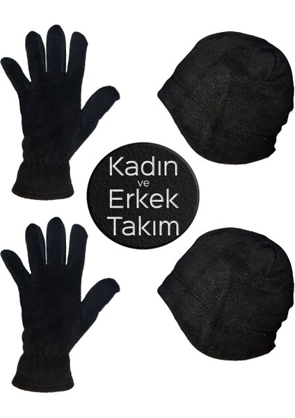Kadın ve Erkek Çift Katlı Polar Kulaklı Bere - Siyah Kışlık Termal Polar Eldiven Set 4'lü Takım