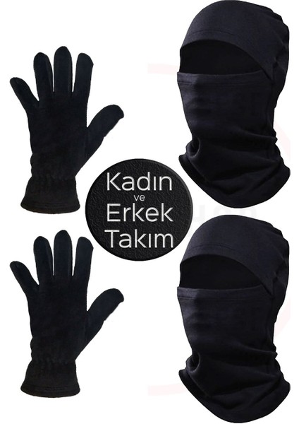 Kadın ve Erkek Siyah Kışlık Termal Polar Eldiven - Kar Maskesi Motorcu Kask Balaclava Set 4'lü Takım