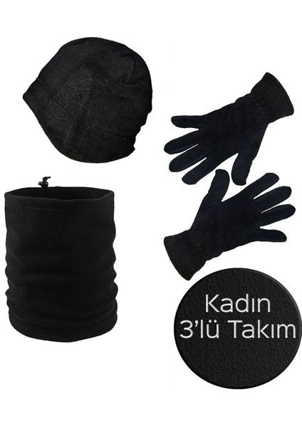 Kadın Siyah Çift Katlı Polar Kulaklı Bere - Kışlık Polar Eldiven - Ipli Bere Boyunluk 3'lü Set