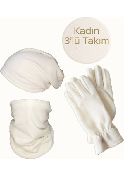 Kadın Ekru Termal Kışlık Polar Parmakları Kapalı Eldiven Ipli Bere Boyunluk Şapka Olabilen 3'lü Set