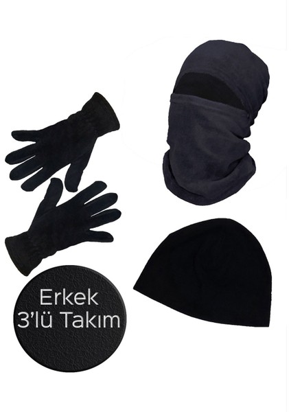 Erkek Siyah Kışlık Termal Polar Eldiven - Kar Maskesi Motorcu Kask Içi - Siyah Bere 3'lü Set Takım