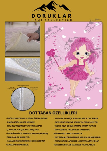 Kaymaz Taban Makinada Yıkanabilir Dijital Baskı Peri Kızı Desenli Çocuk Odası Halısı Dot Taban Halı