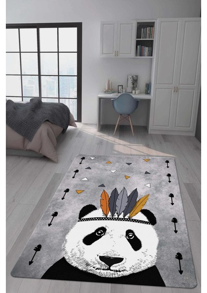 Kaymaz Taban Makinada Yıkanabilir Dijital Baskı Panda Desenli Çocuk Odası Halısı Dot Taban Halı