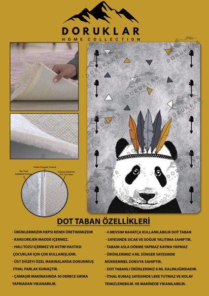 Kaymaz Taban Makinada Yıkanabilir Dijital Baskı Panda Desenli Çocuk Odası Halısı Dot Taban Halı