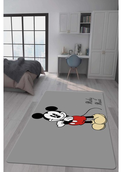 Kaymaz Taban Makinada Yıkanabilir Dijital Baskı Mickey Desenli Çocuk Odası Halısı Dot Taban Halı