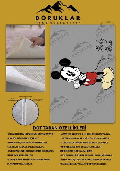 Kaymaz Taban Makinada Yıkanabilir Dijital Baskı Mickey Desenli Çocuk Odası Halısı Dot Taban Halı