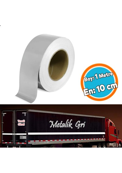 Düz Desensiz En 10 cm 1 mt Ikaz Bandı Reflektif Gece Parlayan Reflektörlü Bant Metalize Gri Renk