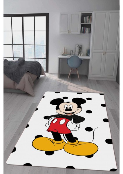 Kaymaz Taban Makinada Yıkanabilir Dijital Baskı Mickey Desenli Çocuk Odası Halısı Dot Taban Halı