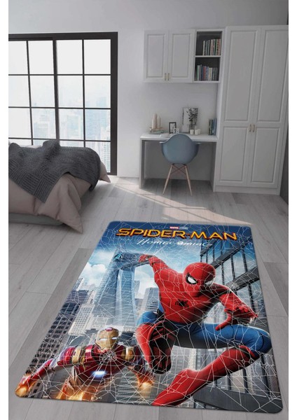 Kaymaz Taban Makinada Yıkanabilir Dijital Baskı Spiderman Desenli Çocuk Odası Halısı Dot Taban Halı
