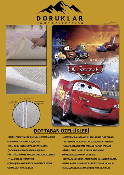 Kaymaz Taban Makinada Yıkanabilir Dijital Baskı Şimşek Mcqueen Desenli Çocuk Odası Halısı Dot Taban Halı