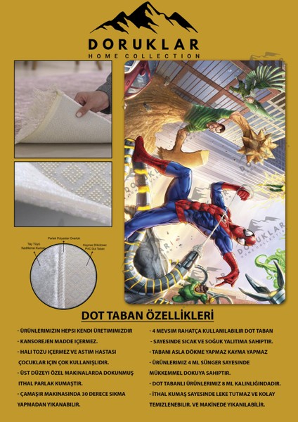 Kaymaz Taban Makinada Yıkanabilir Dijital Baskı Spiderman Desenli Çocuk Odası Halısı Dot Taban Halı