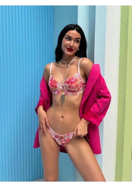 Baskılı Pembe Brode Takım