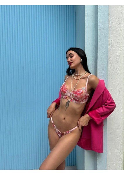 Baskılı Pembe Brode Takım