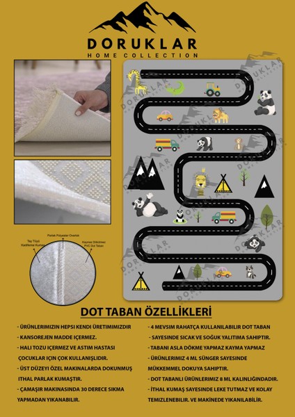 Kaymaz Taban Makinada Yıkanabilir Dijital Baskı Yol ve Jungle Desenli Çocuk Odası Halısı Dot Taban Halı