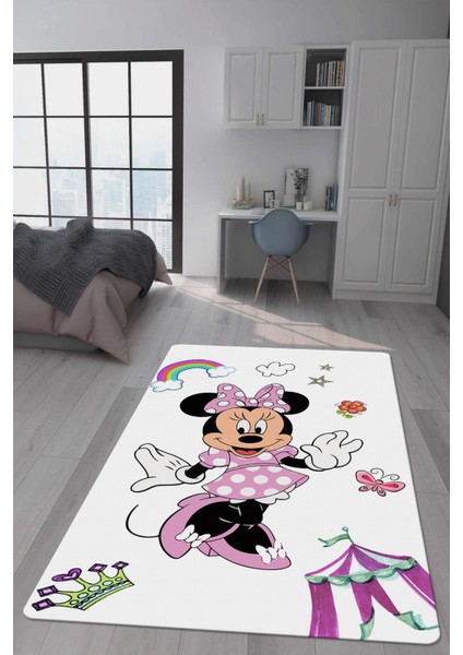 Kaymaz Taban Makinada Yıkanabilir Dijital Baskı Mickey Desenli Çocuk Odası Halısı Dot Taban Halı