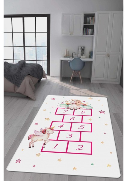 Kaymaz Taban Makinada Yıkanabilir Dijital Baskı Unicorn Seksek Desenli Çocuk Odası Halısı Dot Taban Halı