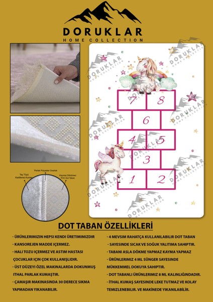 Kaymaz Taban Makinada Yıkanabilir Dijital Baskı Unicorn Seksek Desenli Çocuk Odası Halısı Dot Taban Halı
