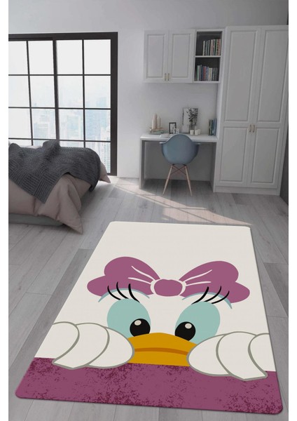 Kaymaz Taban Makinada Yıkanabilir Dijital Baskı Duffy Desenli Çocuk Odası Halısı Dot Taban Halı