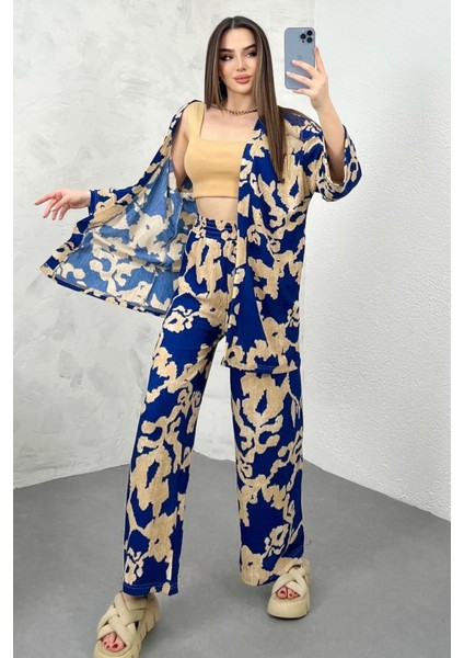 Kadın Mavi Desenli Bol Paça Palazzo Alt Üst Kimono Takım