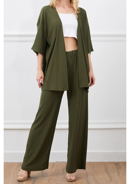 Kadın Haki Bol Paça Palazzo Alt Üst Kimono Takım