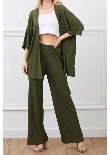Kadın Haki Bol Paça Palazzo Alt Üst Kimono Takım modelleri