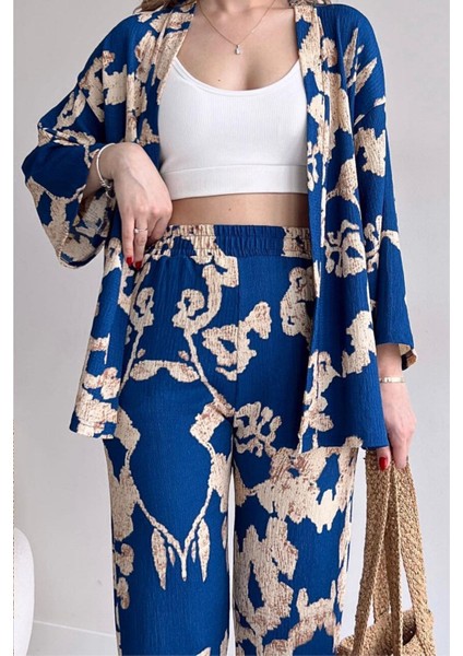 Kadın Mavi Desenli Kimono Alt Üst Takım fiyatları