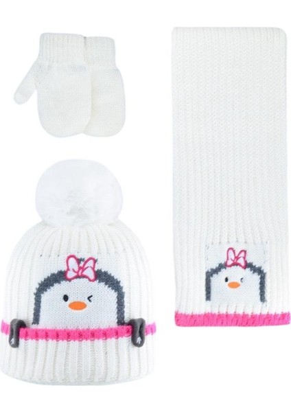 Kız Bebek Penguen 3'lü Set Bere Atkı Eldiven Takım