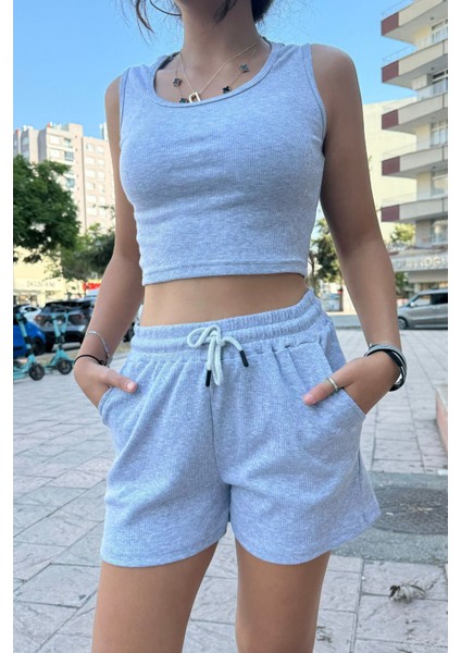 Kadın Beli Lastikli Şort Crop Alt Üst Ikili Takım