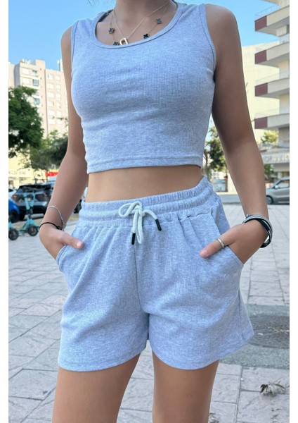 Kadın Beli Lastikli Şort Crop Alt Üst Ikili Takım modelleri