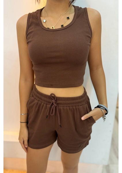 Kadın Beli Lastikli Şort Crop Alt Üst Ikili Takım modelleri