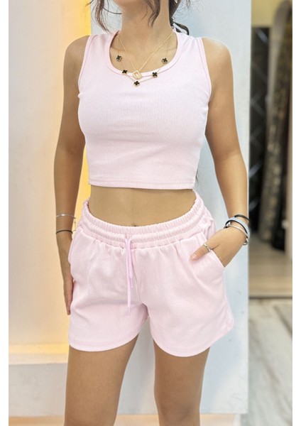 Kadın Beli Lastikli Şort Crop Alt Üst Ikili Takım