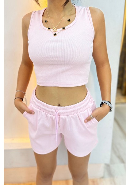 Kadın Beli Lastikli Şort Crop Alt Üst Ikili Takım