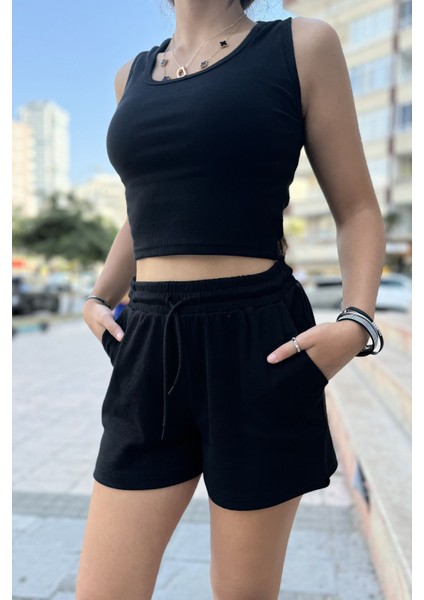 Kadın Beli Lastikli Şort Crop Alt Üst Ikili Takım