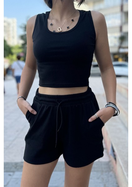 Kadın Beli Lastikli Şort Crop Alt Üst Ikili Takım