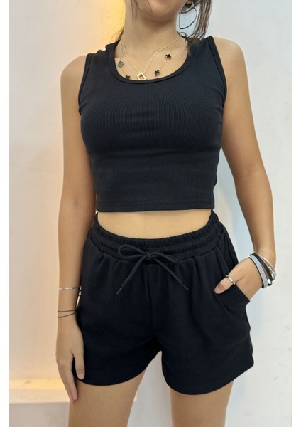 Kadın Beli Lastikli Şort Crop Alt Üst Ikili Takım