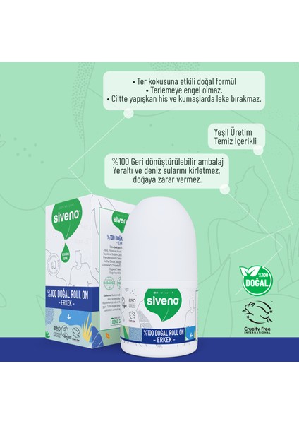 %100 Doğal Roll-On Erkek Deodorant Bitkisel Leke Bırakmayan Vegan 50 ml