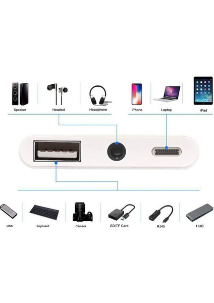 3'ü 1 Arada 8 Pin + 3 5 mm + USB 3.0 Otg 8 Pin Erkek Adaptör (Yurt Dışından)