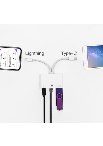 Nk 107 Pro 3'ü 1 Arada USB C / Type C + 8 Pin Erkek USB + RJ45 + 8 Pin Dişi Şarj Arayüzü Adaptörü (Yurt Dışından)
