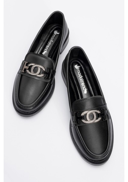 Kaydırmaz Taşlı Tokalı Kadın Loafer Ayakkabı SİYAH CİLT
